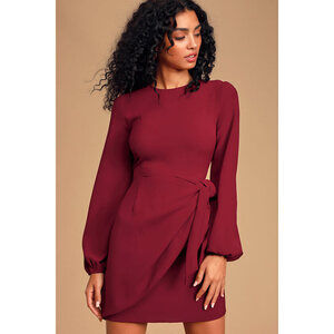 Lulus Believe It Or Knot Wine Red Long Sleeve Tie-front Skater Dress - Size M